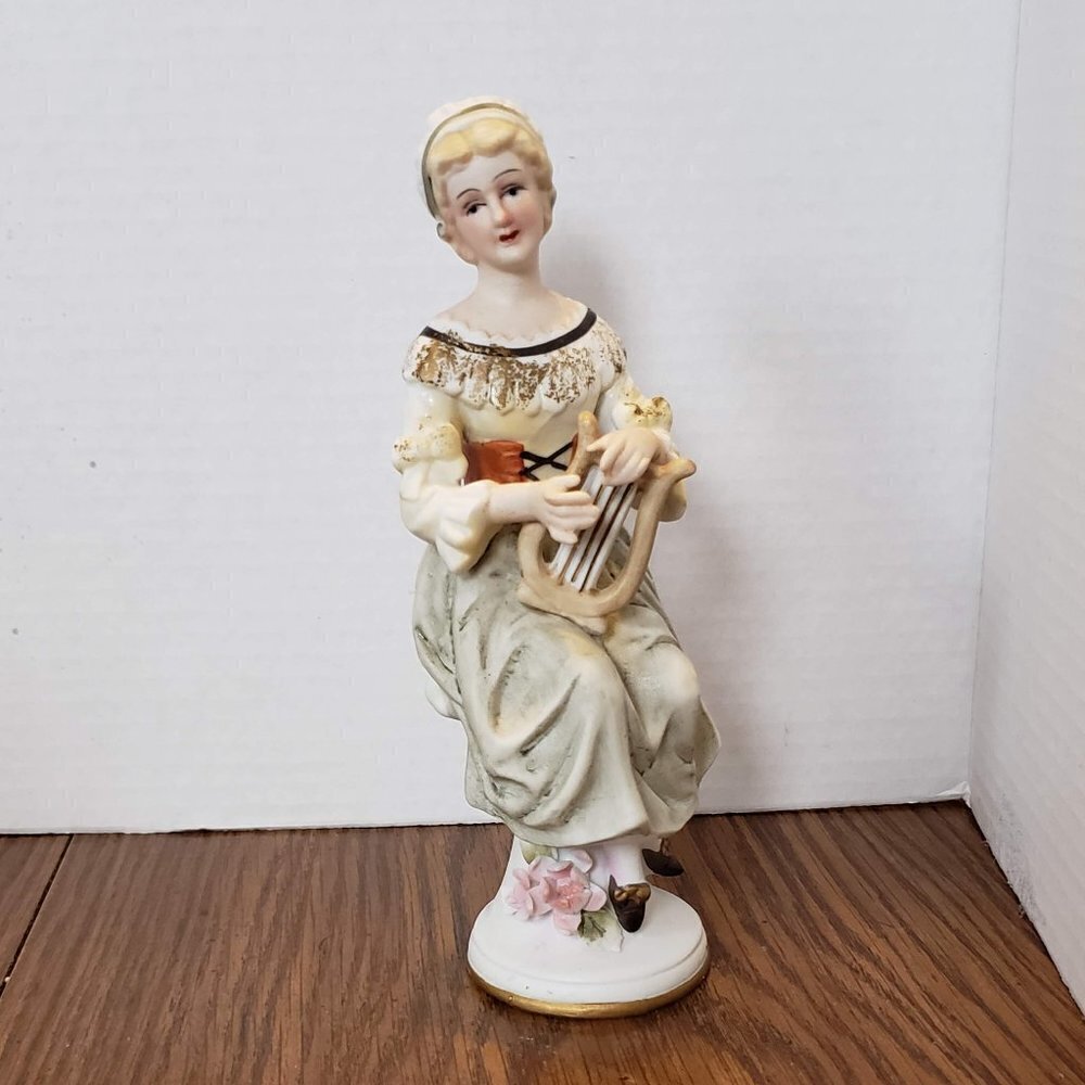 Vintage Norleans Japan Figurine Lady in Green Dress Playing The Harp
